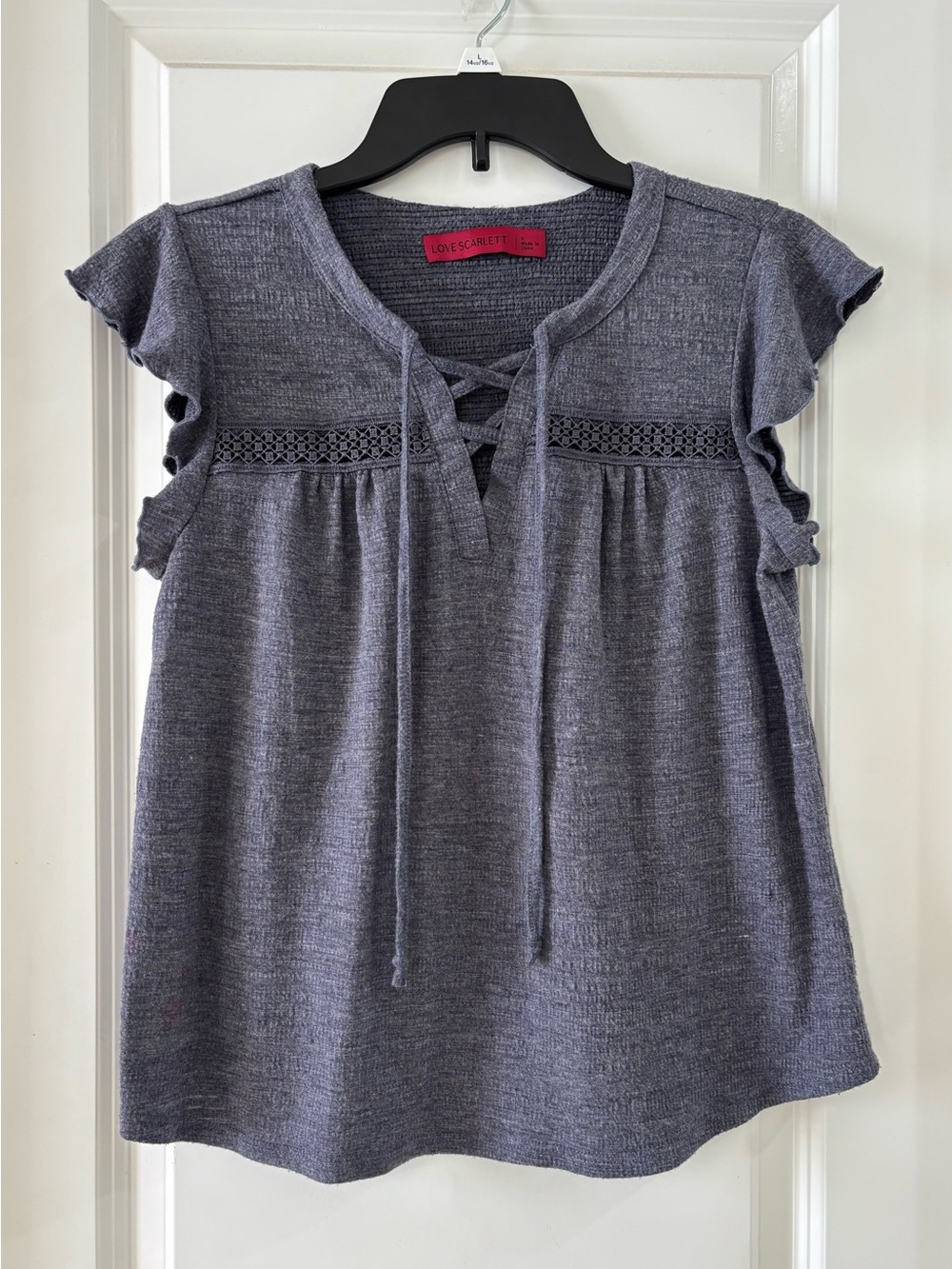 Scarlett Gray Lace-Up Flutter Sleeve Top Small